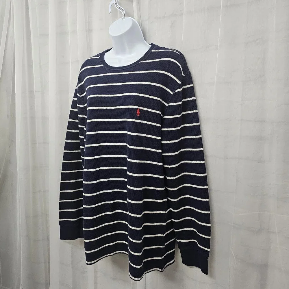 Polo Navy Blue White Striped Long Sleeve Thermal Tee Nautical Preppy Unisex L